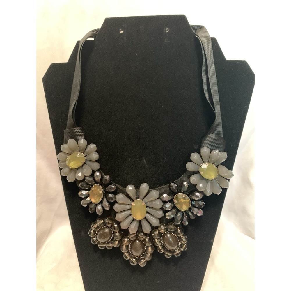 Pre-owned Black Grey Beaded Bib Necklace, From Talbots Cloth Cord Silver Tone